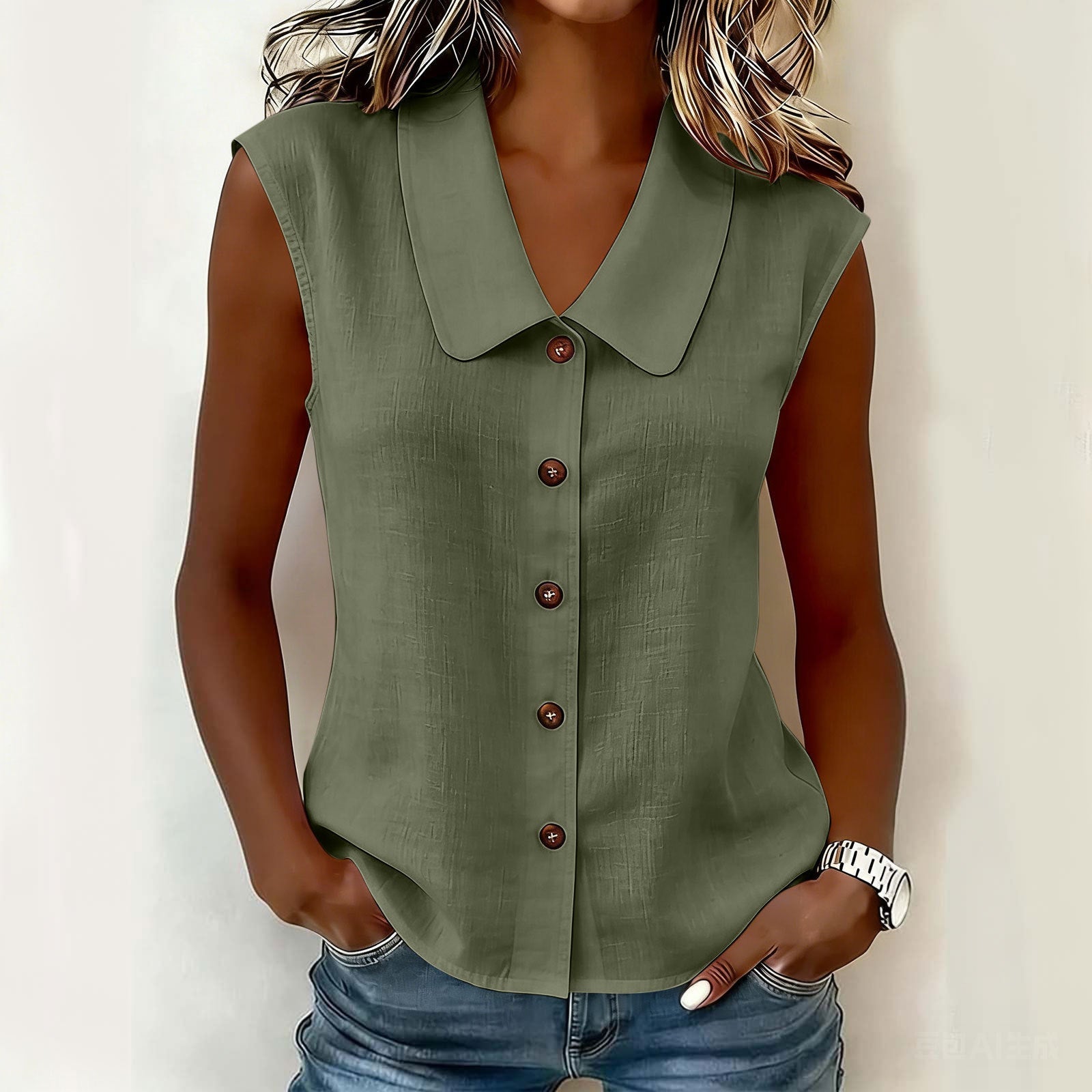 Womens Polo-neck Sleeveless Button-up Cardigan Top NorixaFashion.com