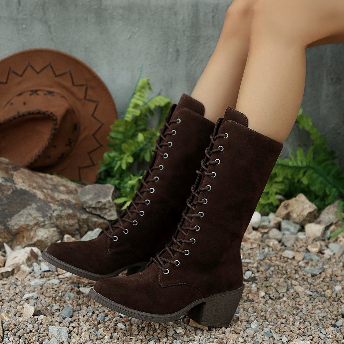Mid-calf Fashion Suede Lace-up Pointed Chunky Heel Women's Boots LadyShow.Store