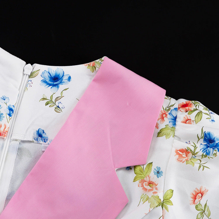 Contrast Lapel Puff Sleeve Floral Print Midi Dress NorixaFashion.com