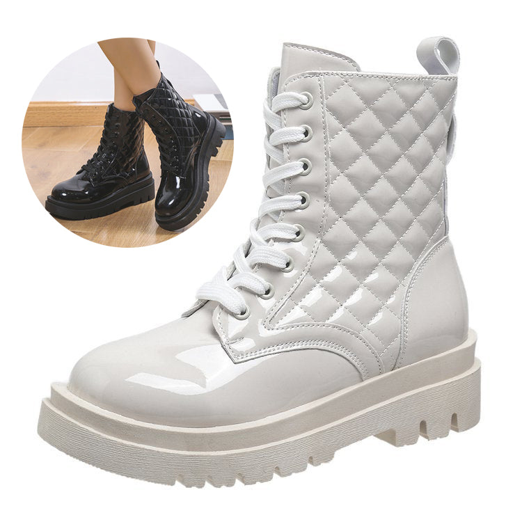 Lace-up Thick-heeled Boots Winter Casual Round Toe Platform Ankle Boots Women Fashion Quilted Pattern Minimalist Motorcycle Shoes LadyShow.Store