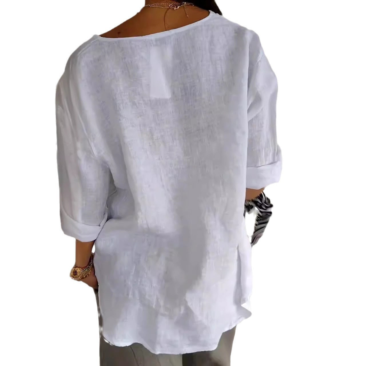 V-neck Long-sleeved T-shirt Fashion Loose Cotton And Linen Button Tops For Women NorixaFashion.com