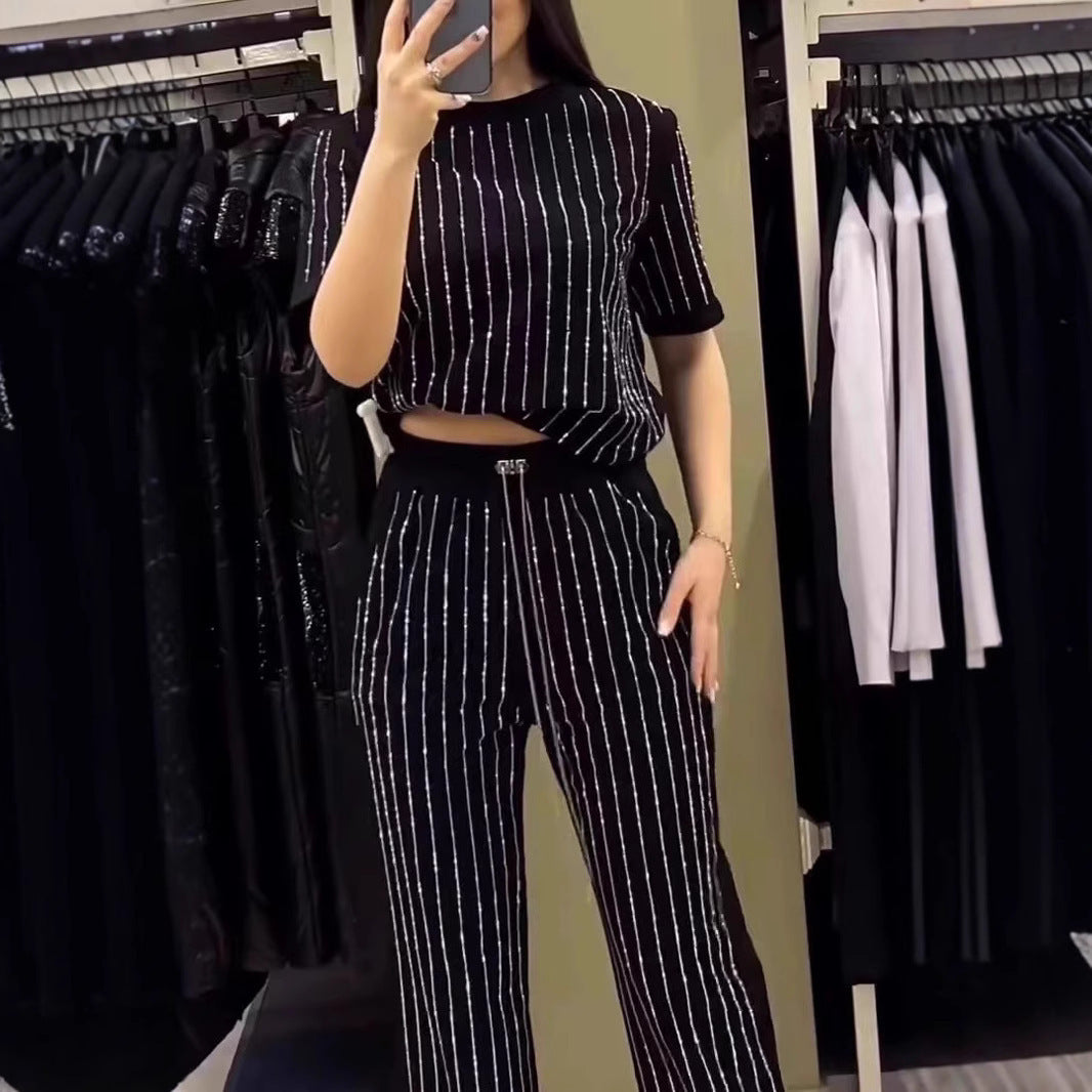 Vertical Striped Rhinestone Top Two-piece Set LadyShow.Store