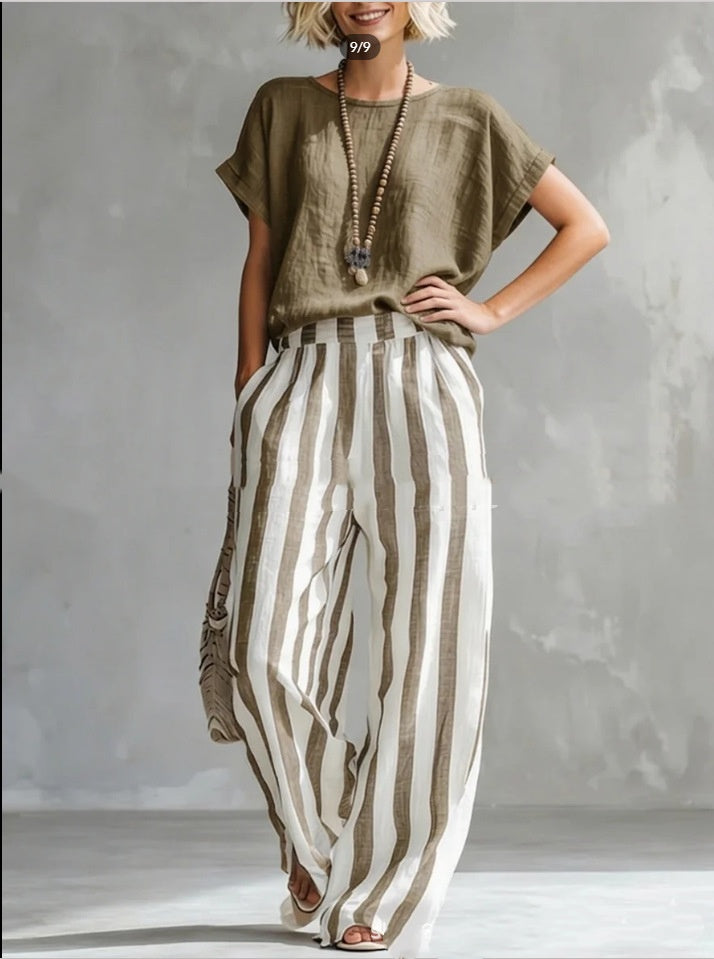 Short-sleeved Trousers Suit Summer Fashion Round Neck Pullover T-Shirt And Striped Print Straight Leg Pants Two-Piece Clothing For Women Best YouTube Store