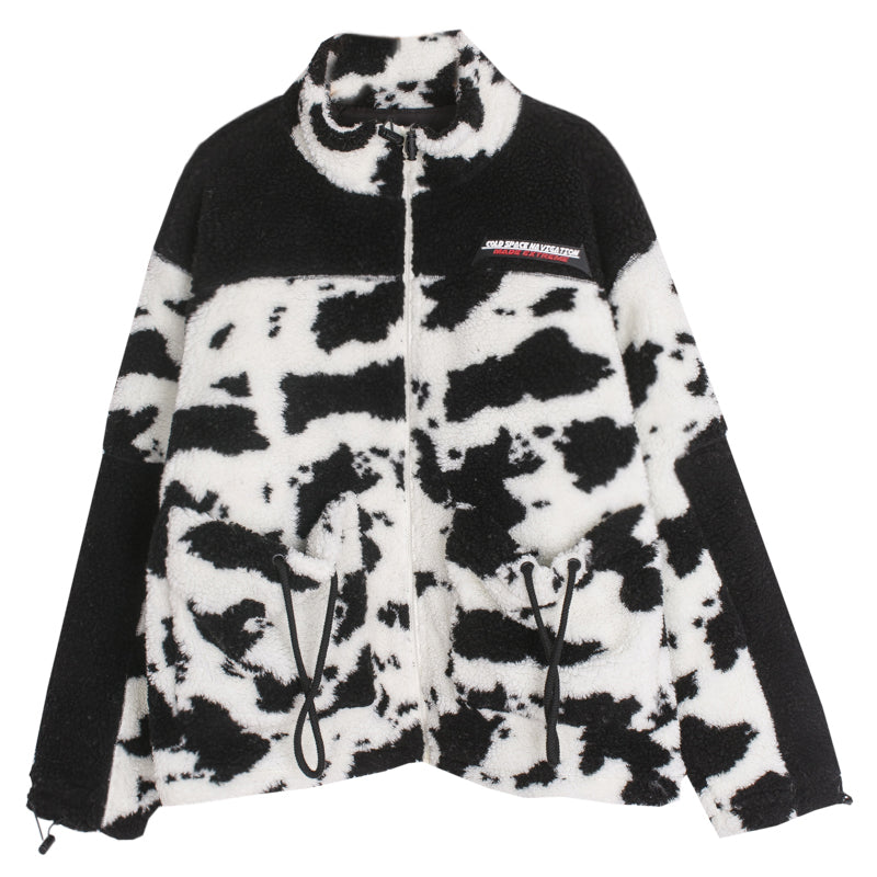 Oversized Cow Print Plush Cotton Jacket for All Pi-Mart