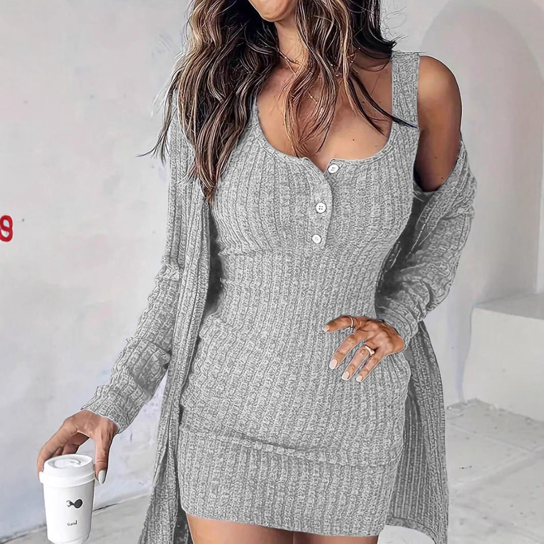 2026 Autumn And Winter Dress And Jacket Two-Piece Set, Sexy Slim-Fit Solid Color Ribbed Tank Dress For Women NorixaFashion.com