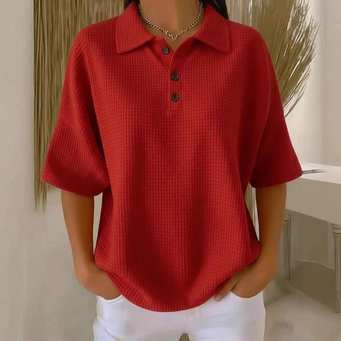Women's Casual Loose Comfortable Lapel-Neck T-Shirt With Buttons NorixaFashion.com