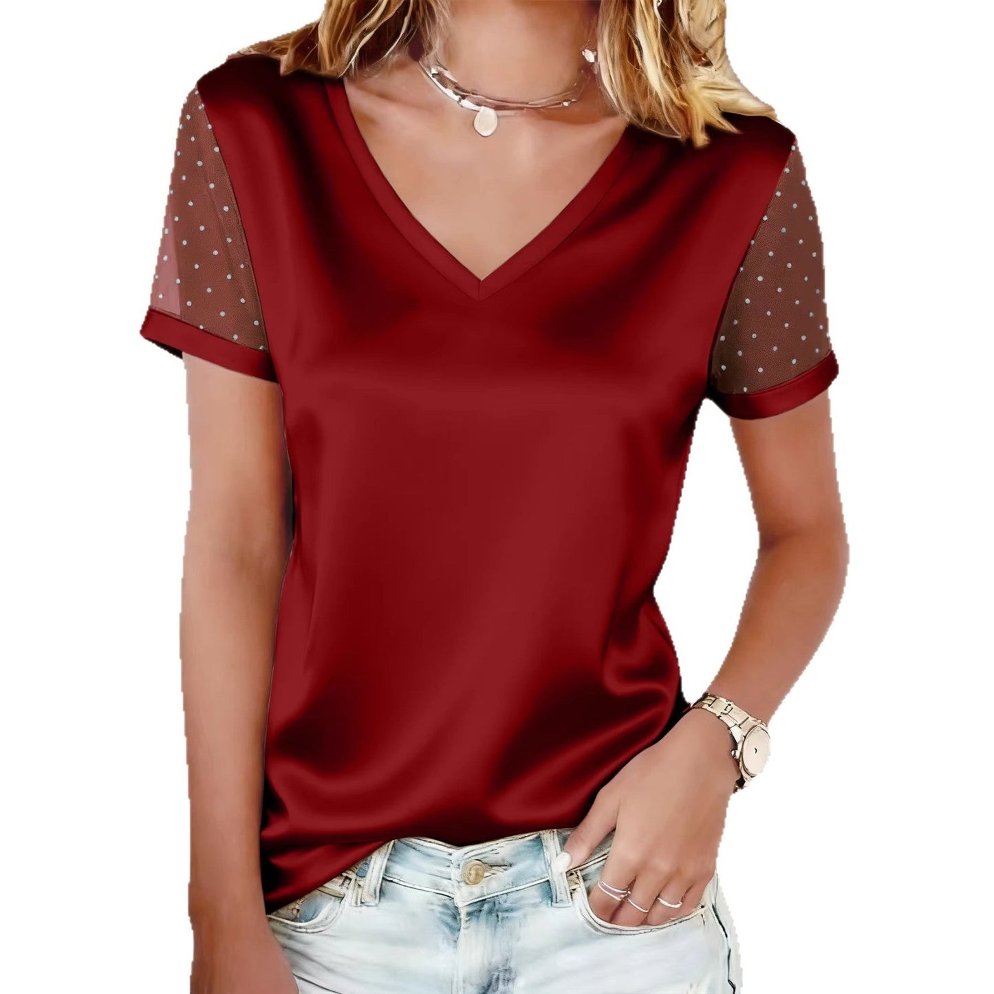 Solid-color V-neck Mesh Rhinestone-studded Short-sleeve T-shirt LadyShow.Store