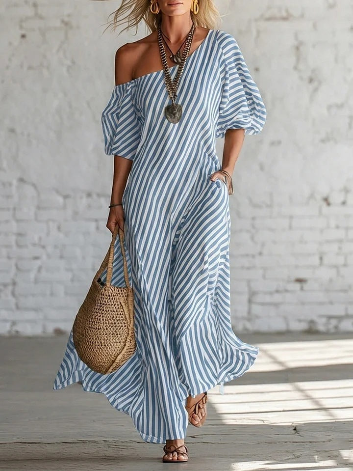 Womens Striped Off-shoulder Dress LadyShow.Store