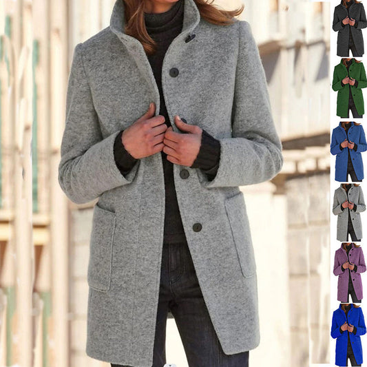 Women's Stand Collar Woolen Coat - Slim Fit Fall and Winter Button Front Trench Coat with Pockets Best YouTube Store