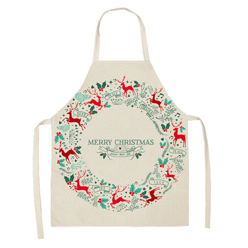Christmas Deer Art Pattern Female Cleaning Home Cooking Kitchen Apron Chef Ear Cotton Linen PearlNestDecor.com