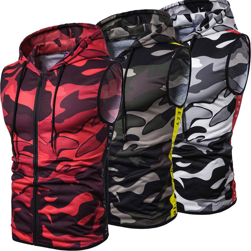 Zipper Hooded Sleeveless Camouflage Printed Fitness Sports Vest