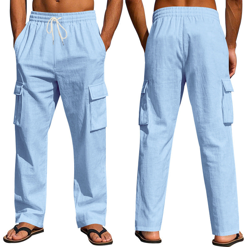 Men's Workwear Multi-pocket Straight Linen Pants Linen Four Seasons Thin Breathable Cargo Pants, Multi-pocket Loose Casual Trendy Wide-leg Pants NorixaFashion.com