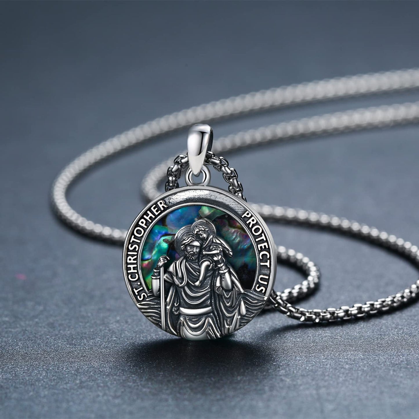 Sterling Silver Round Medal Saint Christopher Pendant Necklace as Catholic Christmas Gifts LadyShow.Store