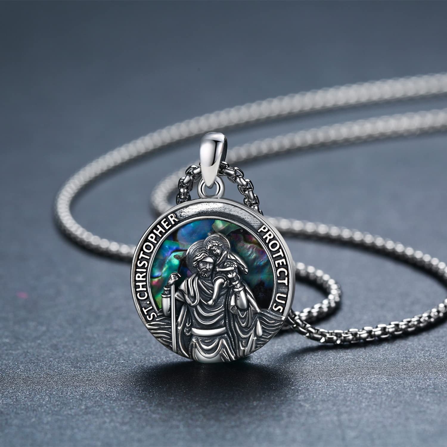 Sterling Silver Round Medal Saint Christopher Pendant Necklace as Catholic Christmas Gifts LadyShow.Store