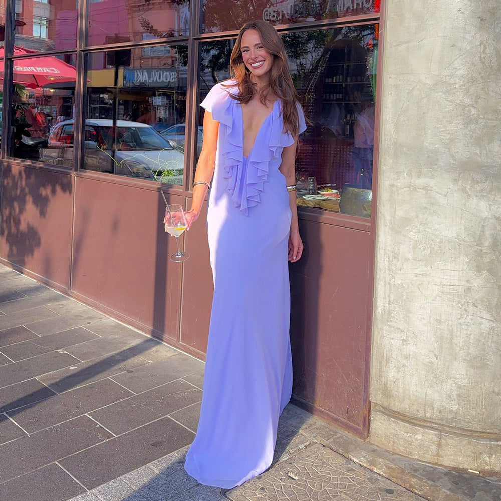 Resort V-neck Layered Ruffle Tie-up Fitted Dress NorixaFashion.com