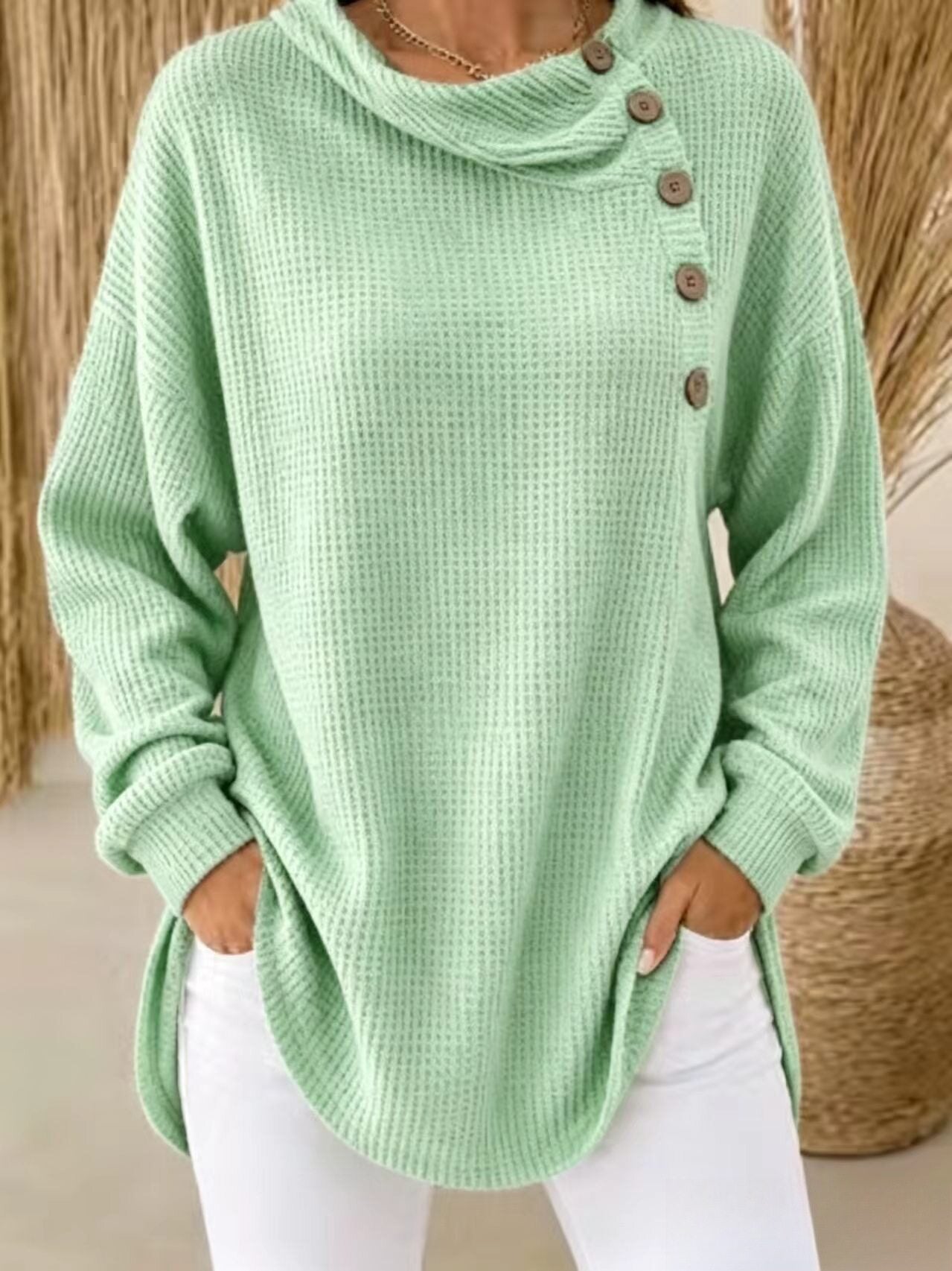 Womens Solid-Color Waffle-Weave Long-Sleeve Button-Up Casual Shirt Comfortable Top NorixaFashion.com
