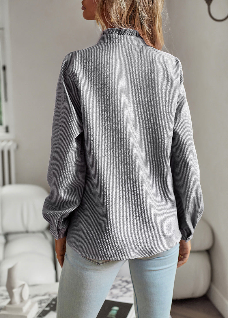 Striped Long Sleeve Shirt Fashion Ruffle Design Button Up Tops Casual Office Blouse Elegant Commuting Women's Clothing NorixaFashion.com