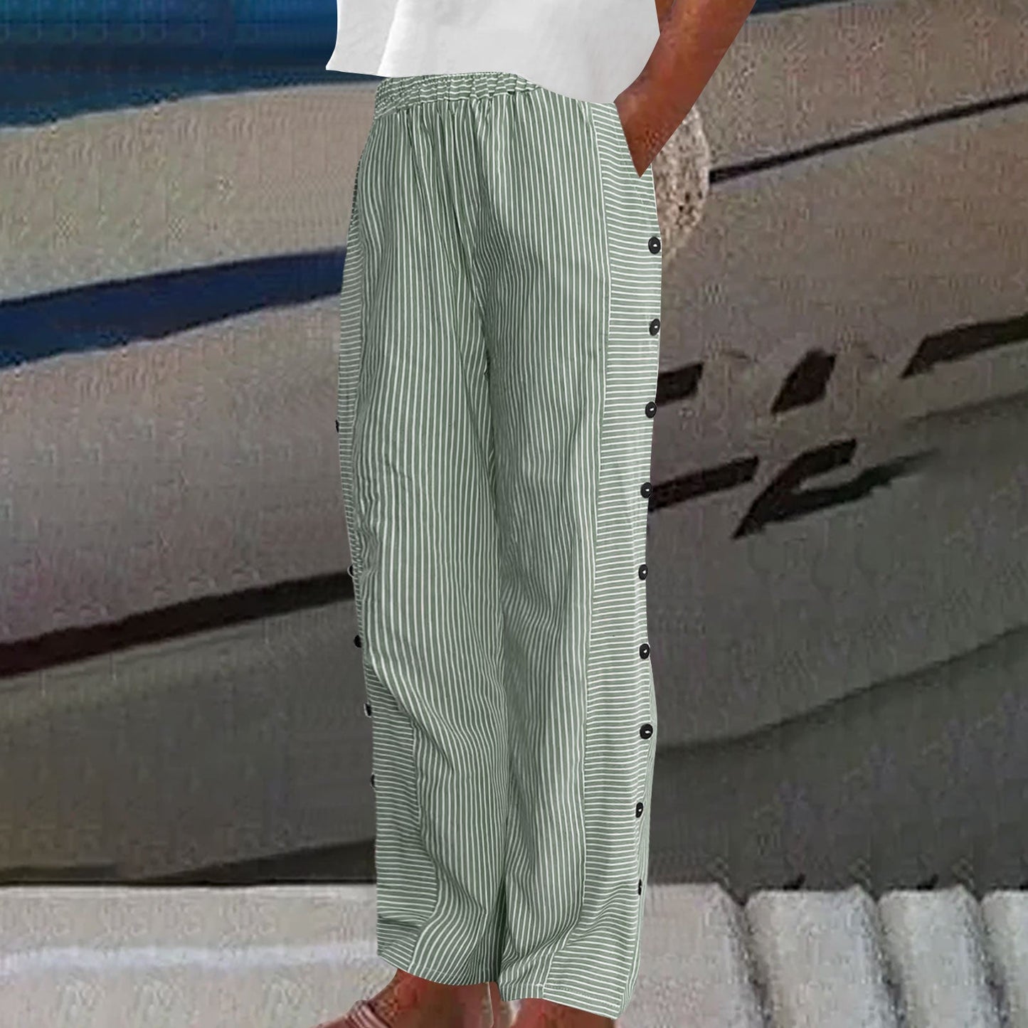 Women's Striped Casual Trousers Lightweight  Blend Stretch Pants NorixaFashion.com