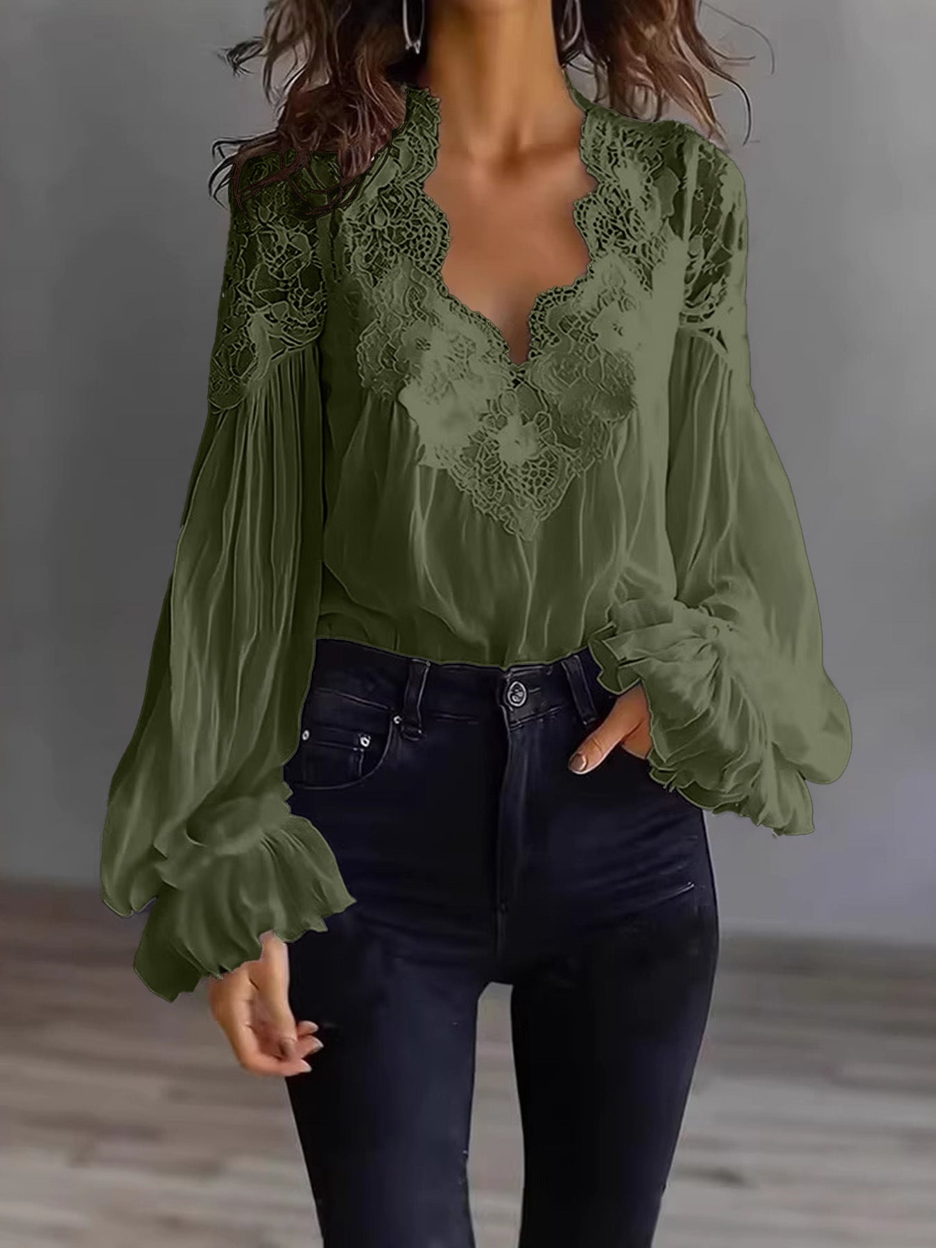 Lace-panelled Ruffled Puff-sleeve Pleated Shirt NorixaFashion.com
