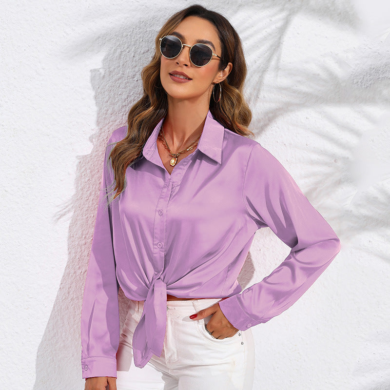 Women's Solid Color Satin Satin Long Sleeve Blouse NorixaFashion.com