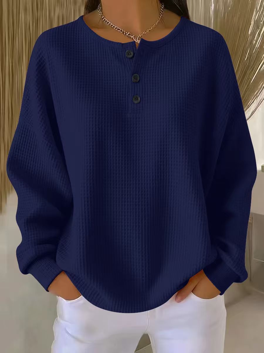 Ins Waffle Long-sleeved T-shirt Fashion Solid Color Buttons Round Neck Pullover Top Women's Clothing NorixaFashion.com