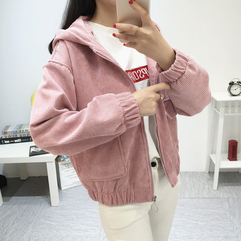 New Korean-style Hooded Corduroy Jacket, Short & Thick Pi-Mart