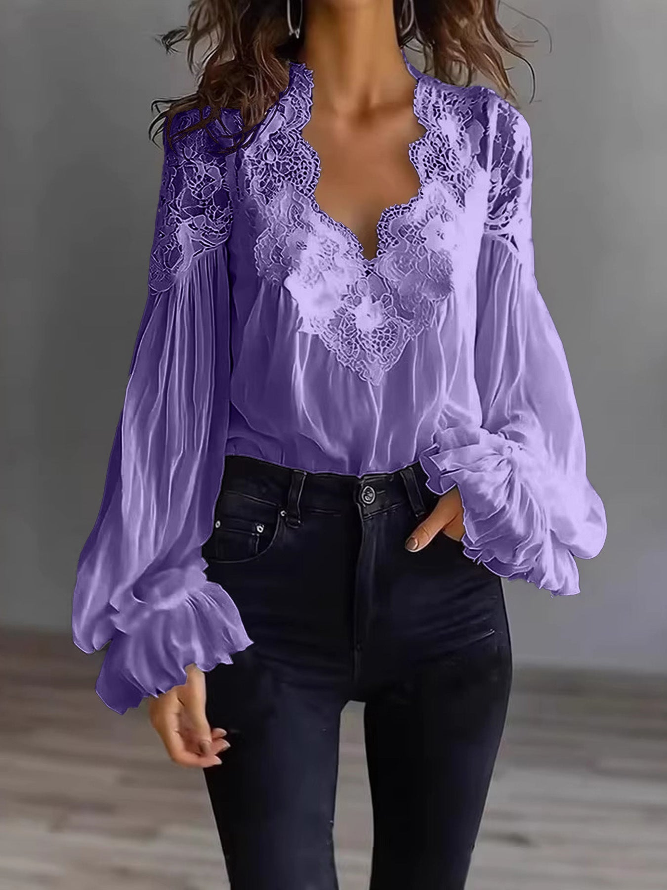 Lace-panelled Ruffled Puff-sleeve Pleated Shirt NorixaFashion.com