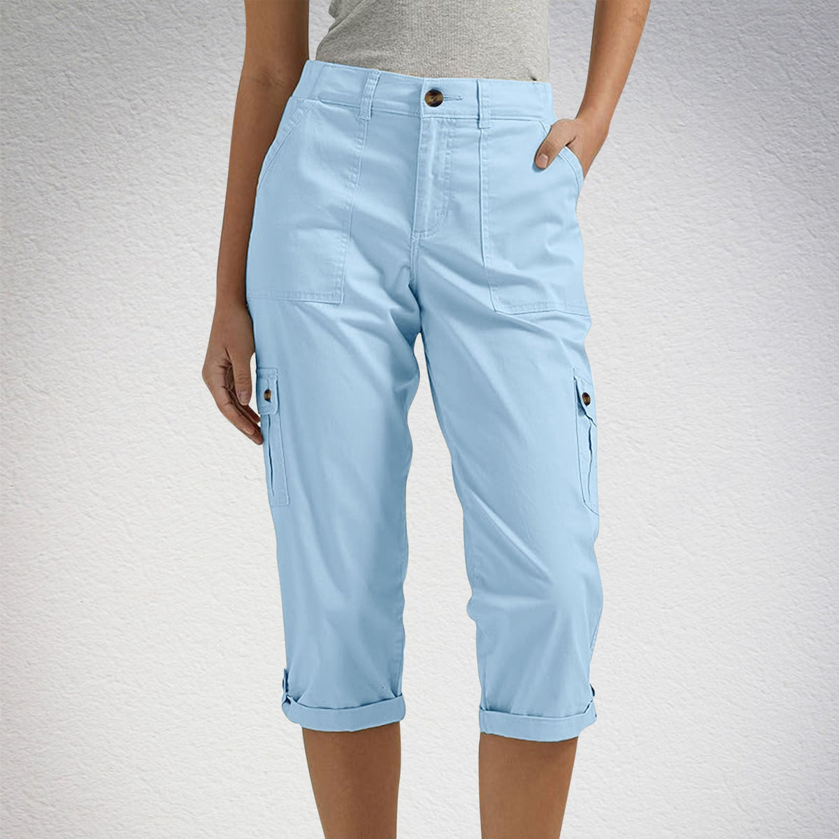 Solid Color Casual Cropped Pants - Women's High Waist Multiple Pockets Capri Trousers for Daily Wear NorixaFashion.com