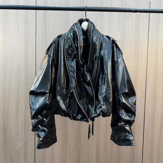 Cuffed Zipper Collar Button PU Leather Jacket Cotton Padded Jacket Best YouTube Store