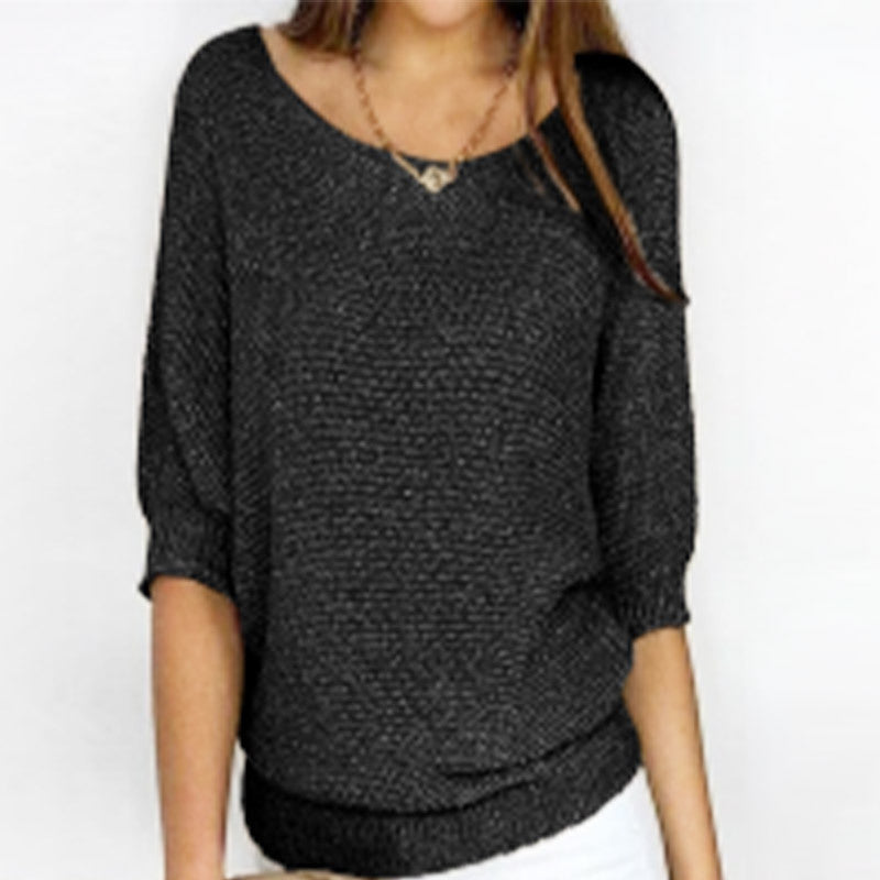 Three-quarter Sleeve Pullover Sweater Fashion Solid Color Loose Round Neck Knitted Top For Women Clothing NorixaFashion.com