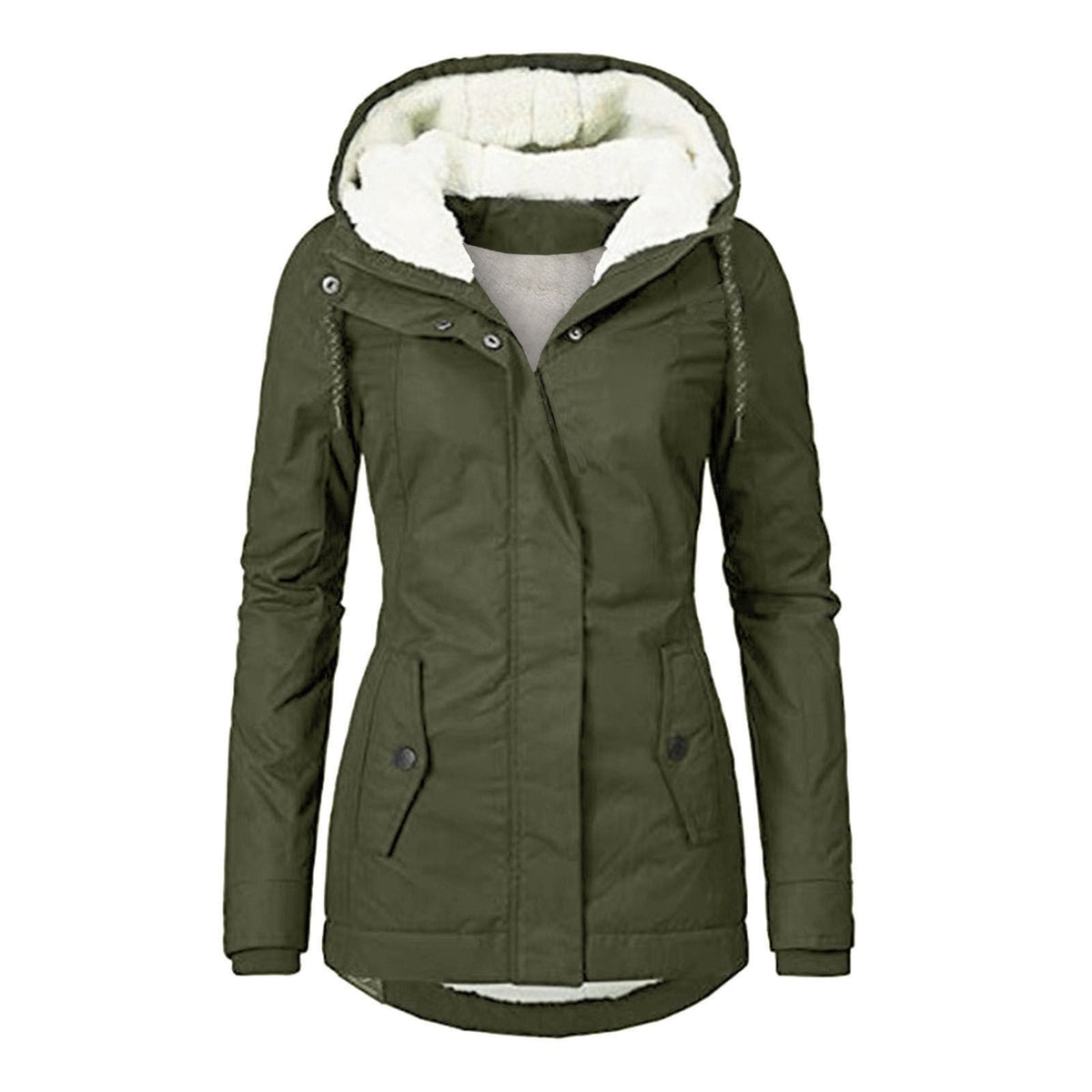 Winter Hooded Jacket Solid Color Warm Buckle Zip-up Fleece Jacket With Pockets Women's Casual Jacket LadyShow.Store