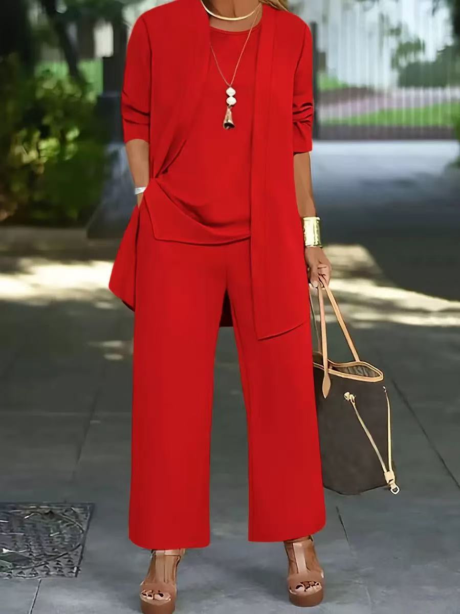 3-piece Cardigan Suit Pure Color Split Sleeveless Vest Top Long Sleeve Jacket And Wide Leg Pants Set NorixaFashion.com
