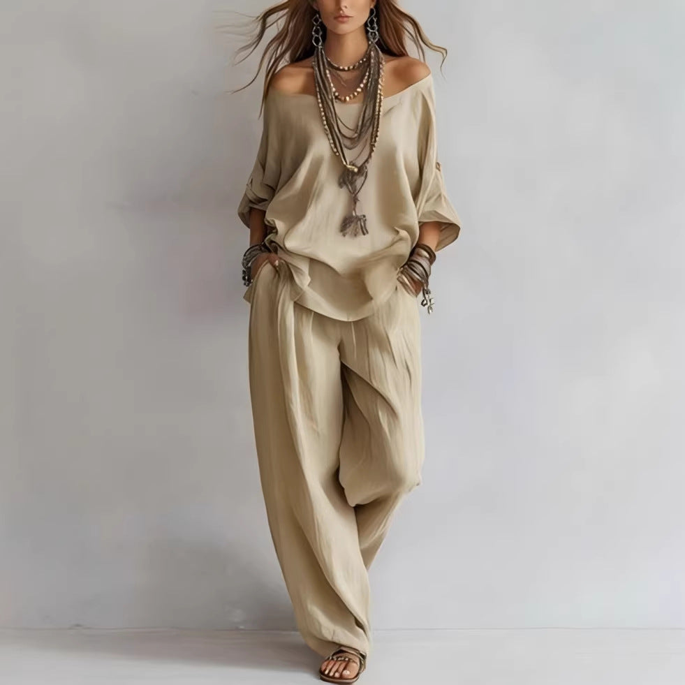 Off-shouder Suits Fashion Three-quarter Sleeves Top And Loose Pockets Wide-Leg Pants Set Women's Clothing NorixaFashion.com