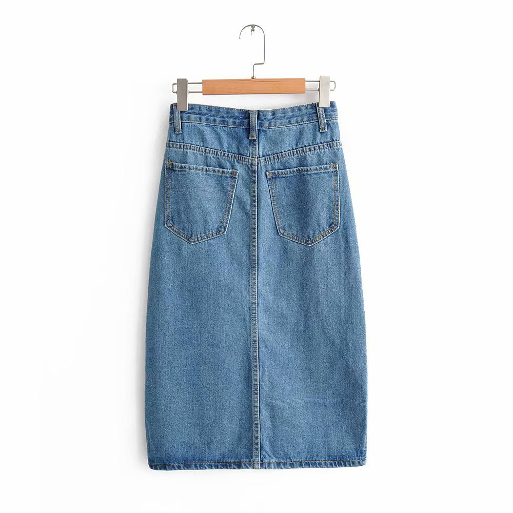 Split Hem Denim Skirt, Bodycon Denim Midi Skirt Pi-Mart