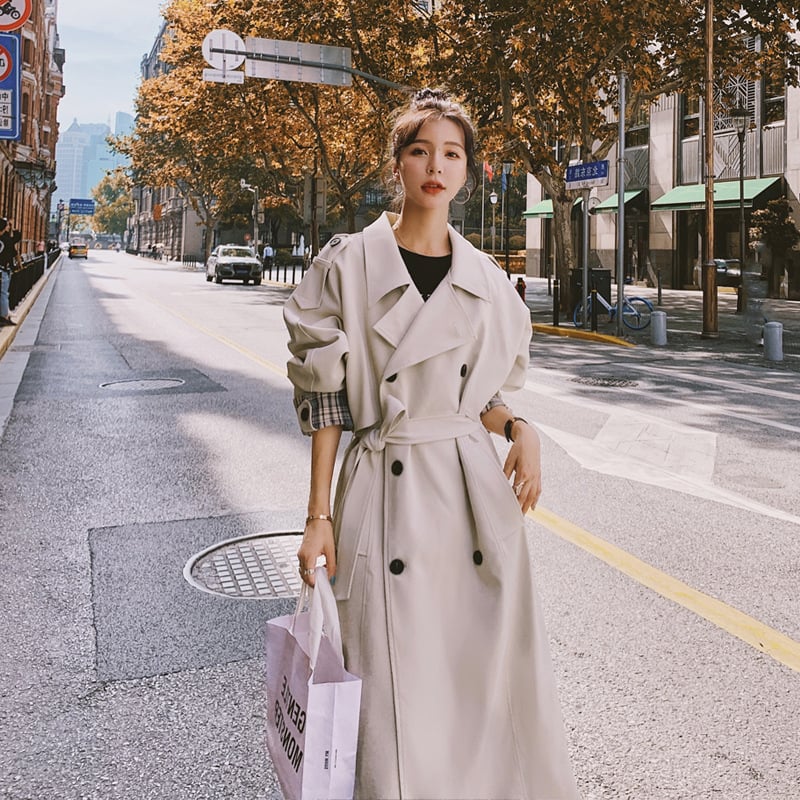 Plaid Stitching Over-the-Knee Loose Jacket for All Styles Pi-Mart