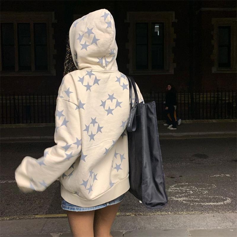 Stars Printed Zipper Hooded Cardigan Couple Fashion Outerwear Hoodies Sweatshirt Street Men Women Coat LadyShow.Store