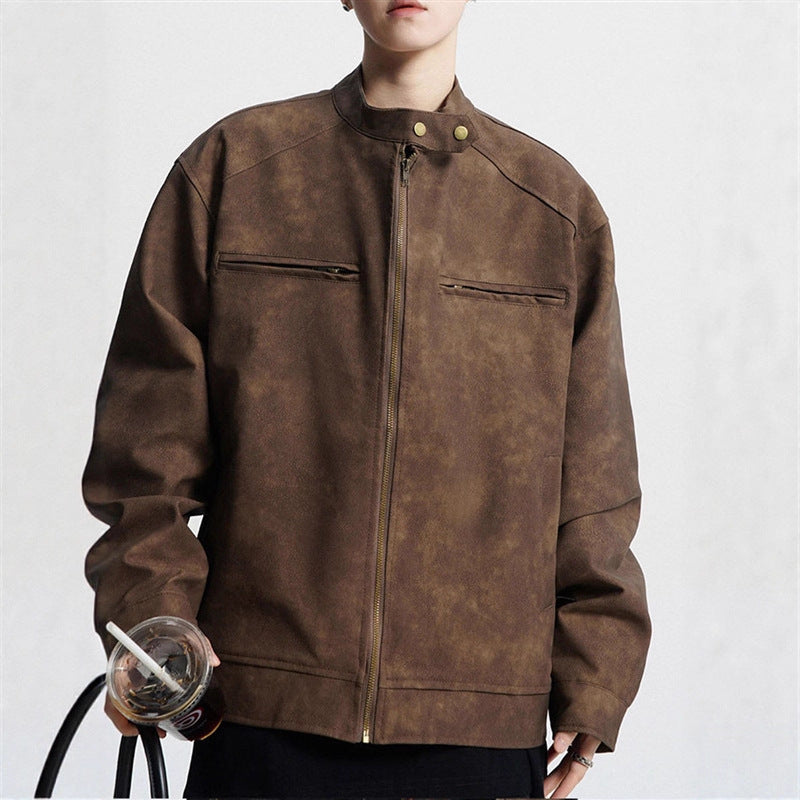 Vintage Brown Motorcycle Leather Autumn Merard Stand-up Collar Distressed Coat Best YouTube Store