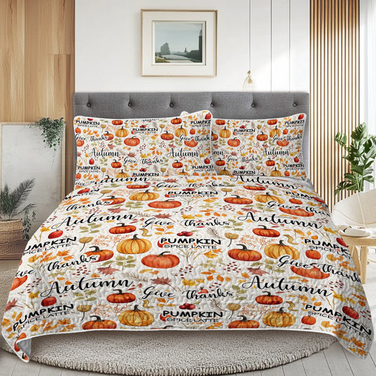 3pcs Pumpkin Autumn Leaves Design Quilt Set All Seasons Bedding Quilt Bed Set With 2 Pillowcases For Kids Teens Adults Bedroom PearlNestDecor.com
