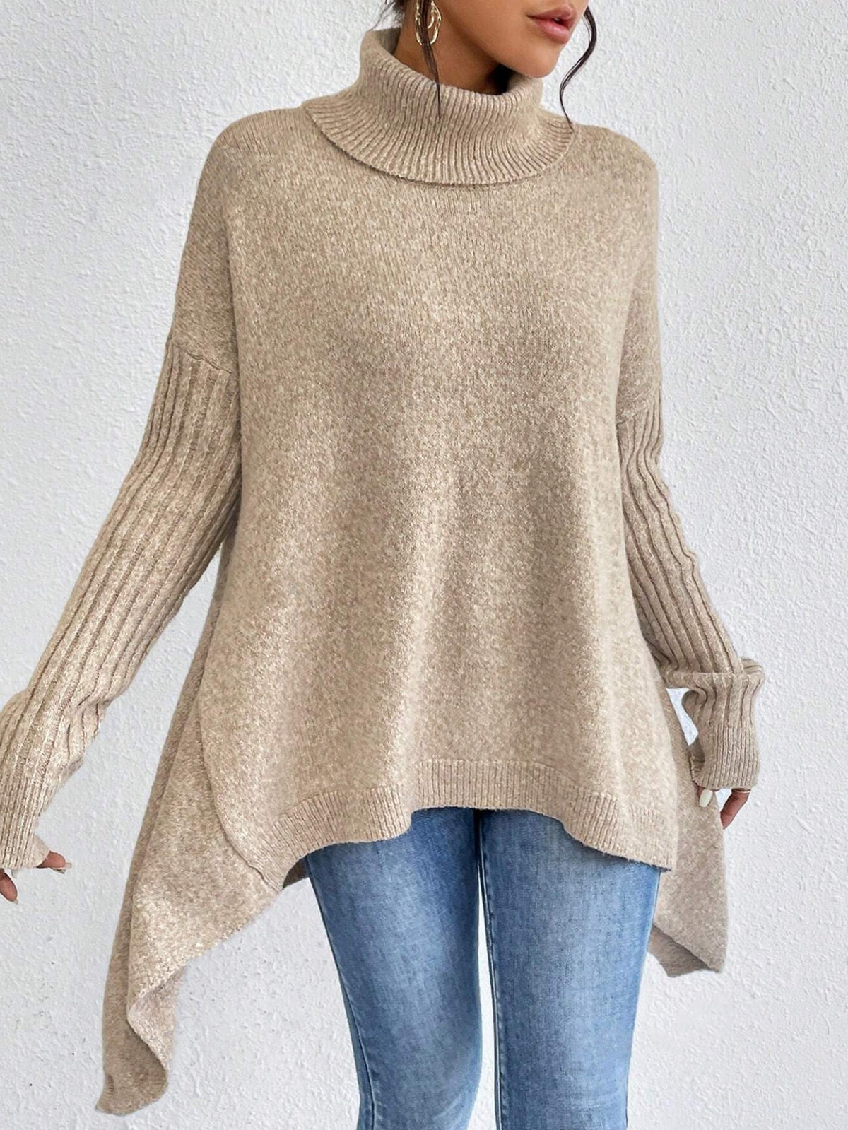 Irregular Turtleneck Sweater Winter Loose Long Sleeve Knitted Tops Leisure Warm Pullover Sweater Women's Clothing LadyShow.Store
