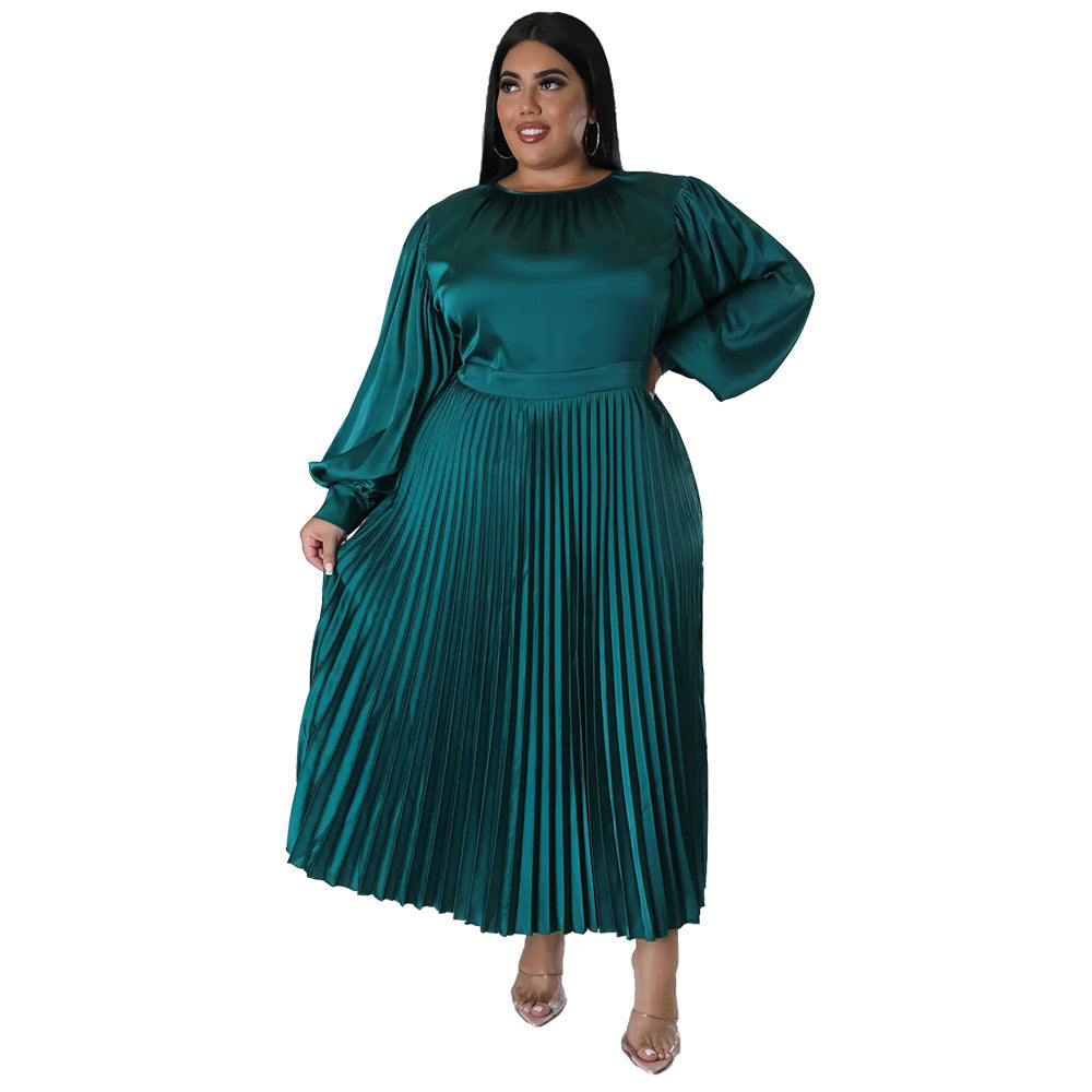 Pleated Round-neck Long Dress Women NorixaFashion.com