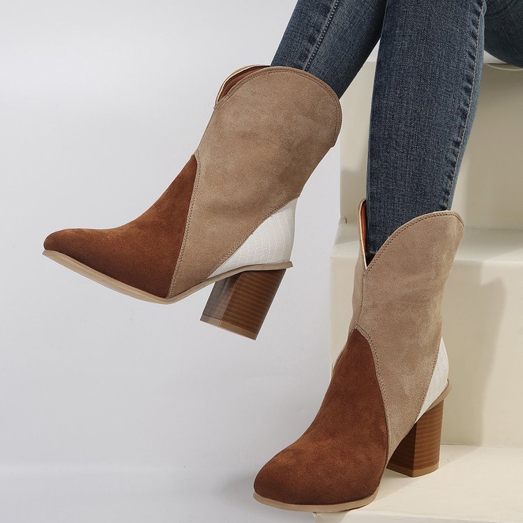 Fashion Splicing Suede Boots Retro Pointed-toe Square High Heel Mid-calf Boots For Women Fall And Winter Shoes LadyShow.Store