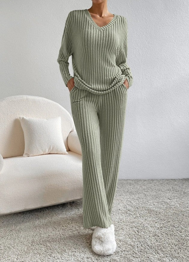 2026 Fall Winter New Arrival TwoPiece Outfit,Elegant Loose VNeck Knit Set With StraightLeg Pants NorixaFashion.com