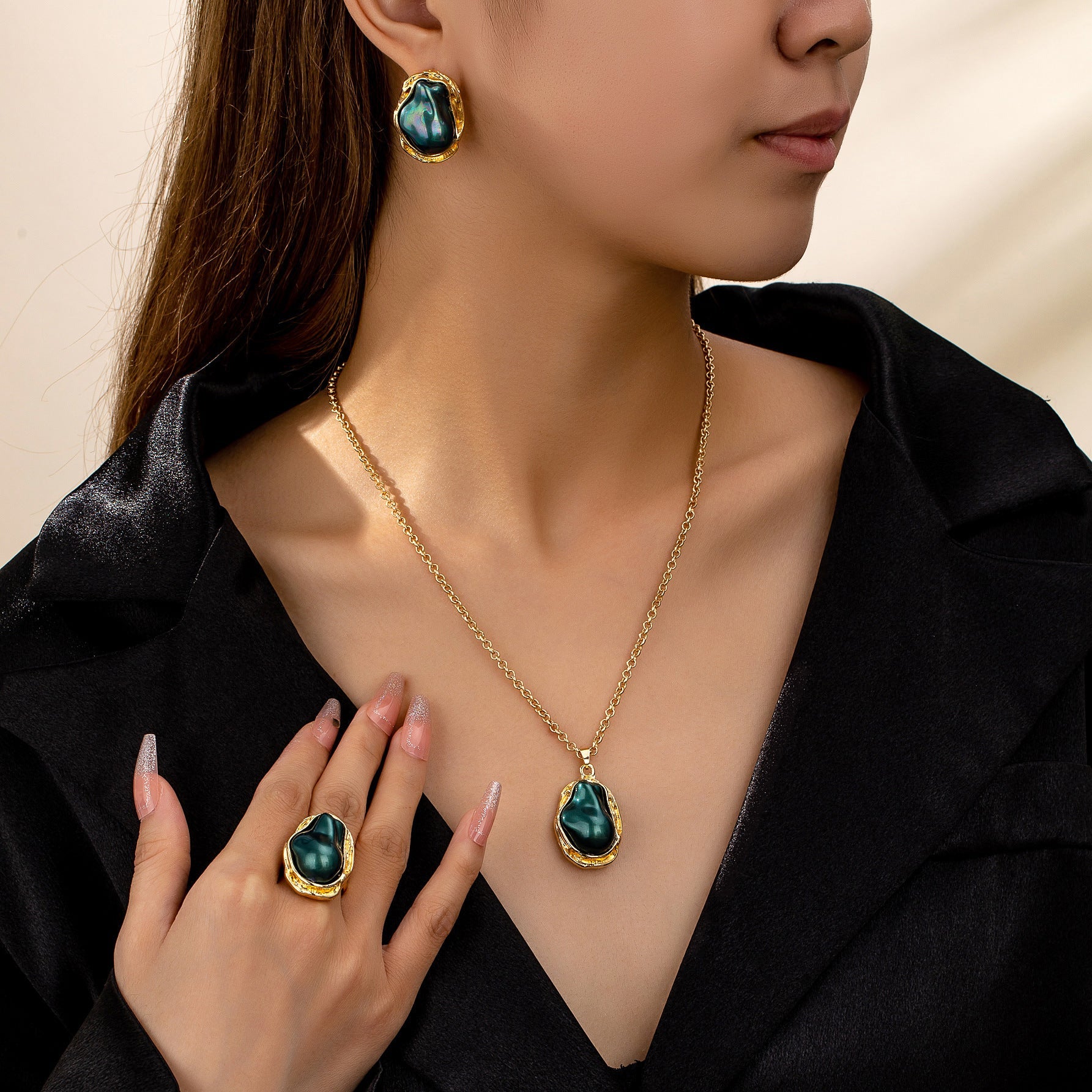 Retro Green Irregular Inlaid Imitation Pearl Necklace Ear Stud And Ring LadyShow.Store