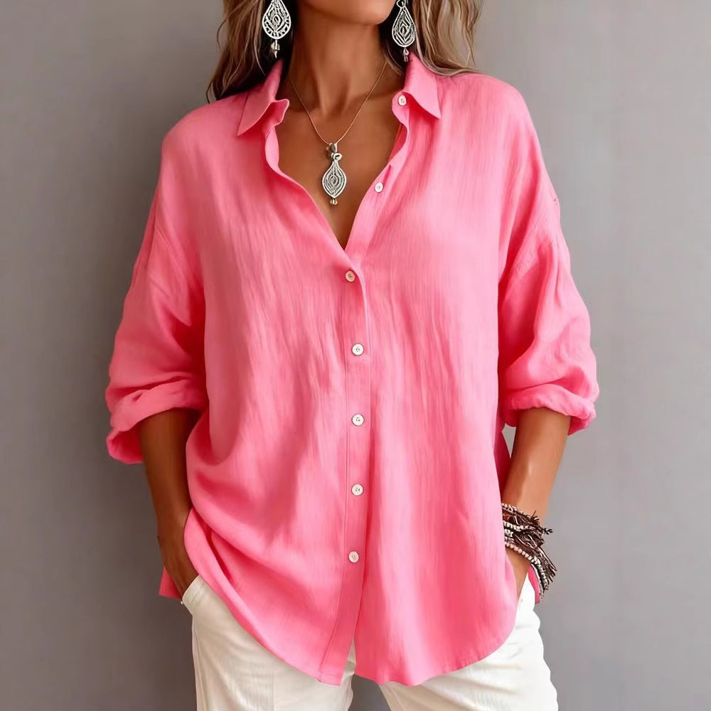 Fashionable Solid-color Long-sleeve Lapel Cardigan Shirt NorixaFashion.com