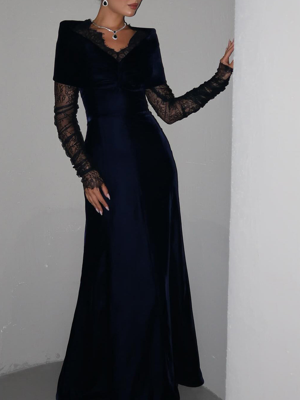 Navy Blue Velvet Lace Long-Sleeve Gown NorixaFashion.com