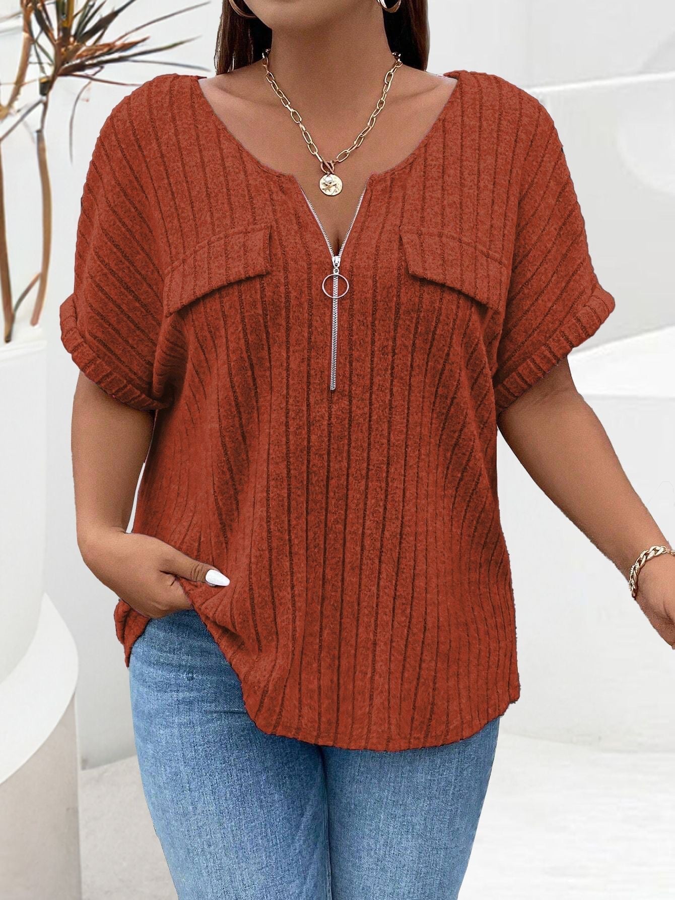 Solid-color Plus-size Top With Zipper Short Sleeves And Faux Pockets NorixaFashion.com