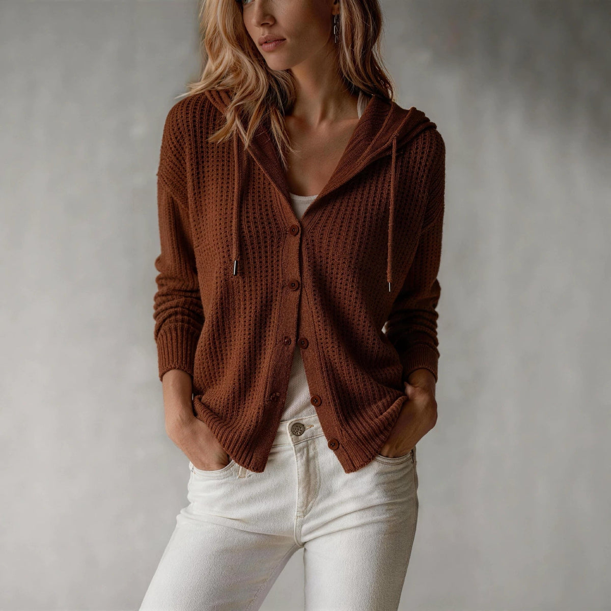 Hooded Knitted Cardigan Womens Loose-Fit Coat NorixaFashion.com