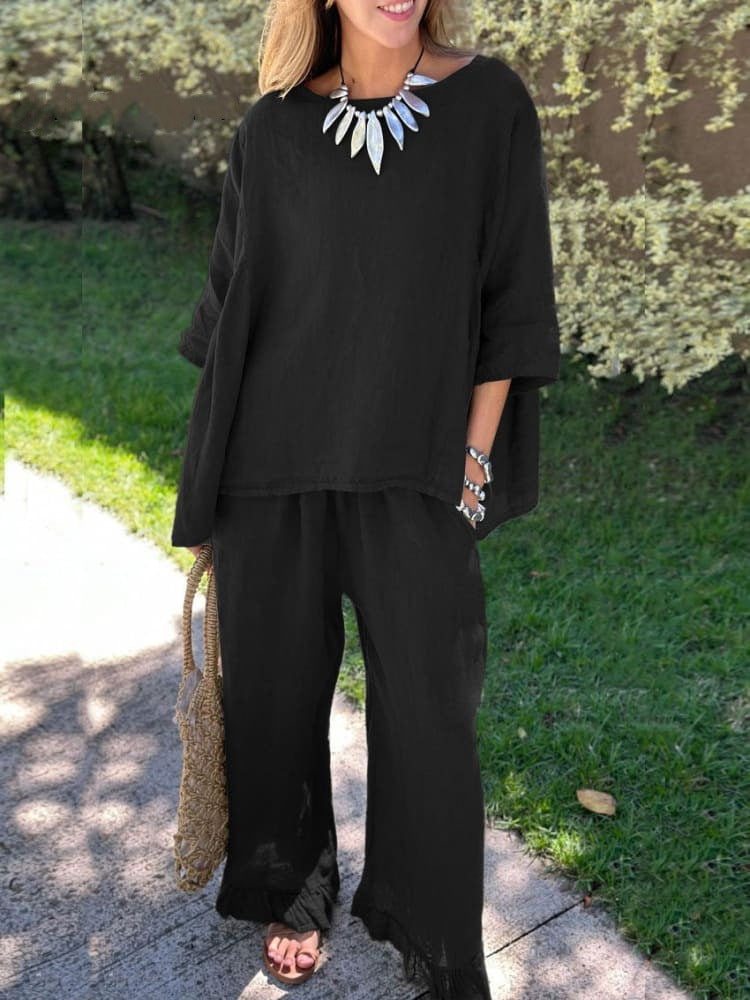 Cotton And Linen Women's Fashion Loose Trousers Two-piece Suit NorixaFashion.com
