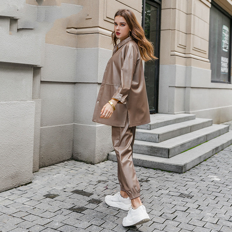 Brown Leather Jacket and Pants Set for Women Pi-Mart