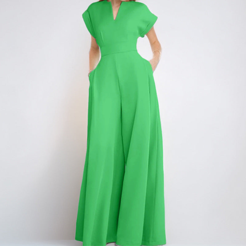2026 Summer New Women's Fashion Commuter V-neck Waist Solid Color Wide Leg Jumpsuit NorixaFashion.com
